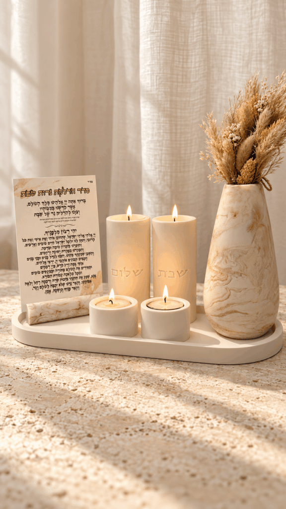 סט פמוטים לשבת הוד מרבל עם כד בגימור מרבל ופמוטים לבנים