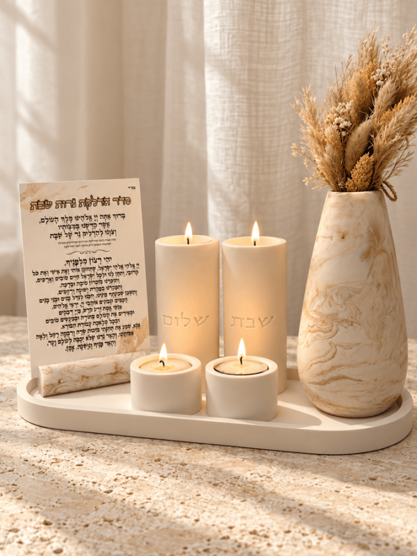 סט פמוטים לשבת הוד מרבל עם כד בגימור מרבל ופמוטים לבנים