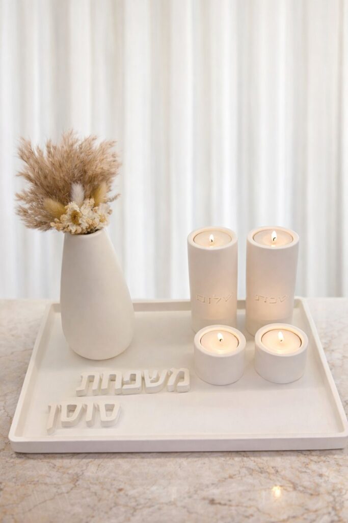 מגש פמוטי שבת שני - סט שבת מבטון לבן בעיצוב קלאסי יוקרתי