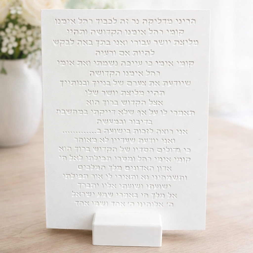 ברכה לרחל אימנו מבטון לבן - ברכה מיוחדת לרחל בעיצוב מינימליסטי