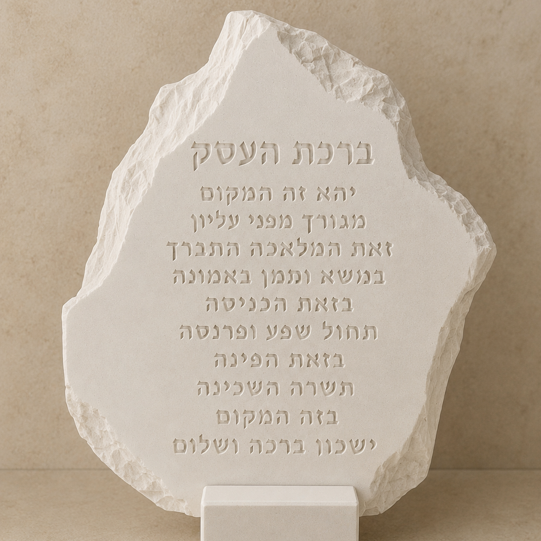 ברכת העסק מבטון לבן - חריטה עדינה בעבודת יד