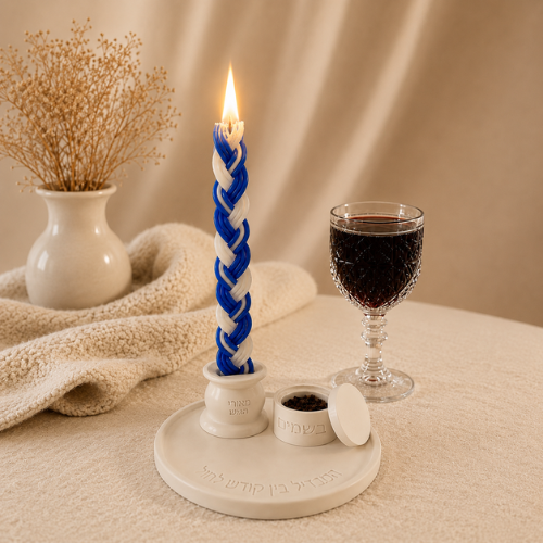 סט הבדלה מבטון לבן ערוך על שולחן, נר קלוע דולק